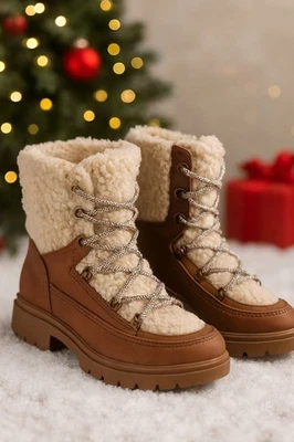Botas de invierno Torrid forradas en piel de oveja - talla 10, gamuza tostada con cordones Foto 1 de 4
