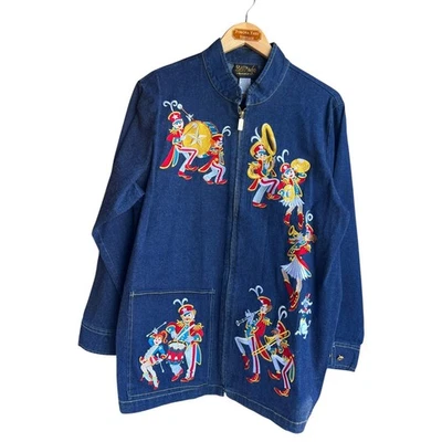 Chaqueta Azul Denim Bordada Banda de Marcha Arte Usable Bob Mackie Años 90 Talla 1X Foto 1 de 4