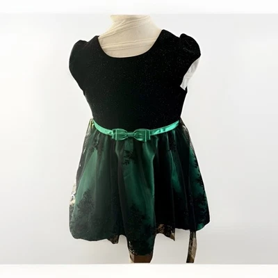 Jona Michelle 女孩假日礼服 7 绿色天鹅绒薄纱派对圣诞蝴蝶结 — 第 1/4 张图片