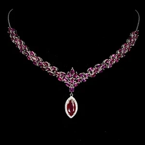 Summer 925 Silver Necklace Marquise Ruby 14x7mm Rhodolite Gemstone 18 Inches - Picture 1 of 14