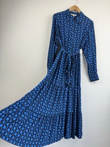 Boden Dress Size 16 R Blue Tiered Maxi Shirt Long Belted Flo Geometric Print - Picture 1 of 12