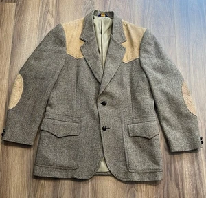 Vintage Pendleton Blazer Mens 42 Brown Wool Tweed Leather Elbow Patches USA 80s - Picture 1 of 7