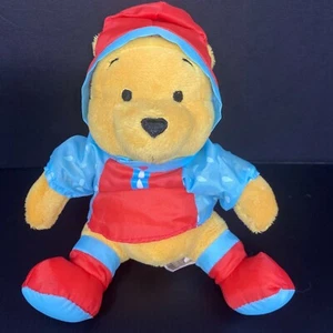 Disney Store Winnie the Pooh Plush 6" Stuffed Animal Wearing Red Blue Raincoat - Picture 1 of 5