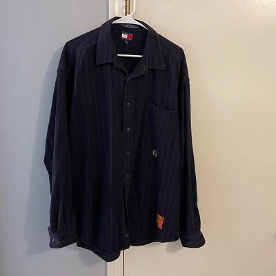 VTG Tommy Hilfiger Button Up Long Sleeve Shirt Navy Blue Pin Strip Casual XL - image 1 of 4