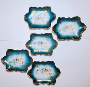 5 ROYAL SAXE GERMANY E.S. Vintage Dishes RARE Teal Blue Gold 3¾" x 2½" Trinket - Picture 1 of 10
