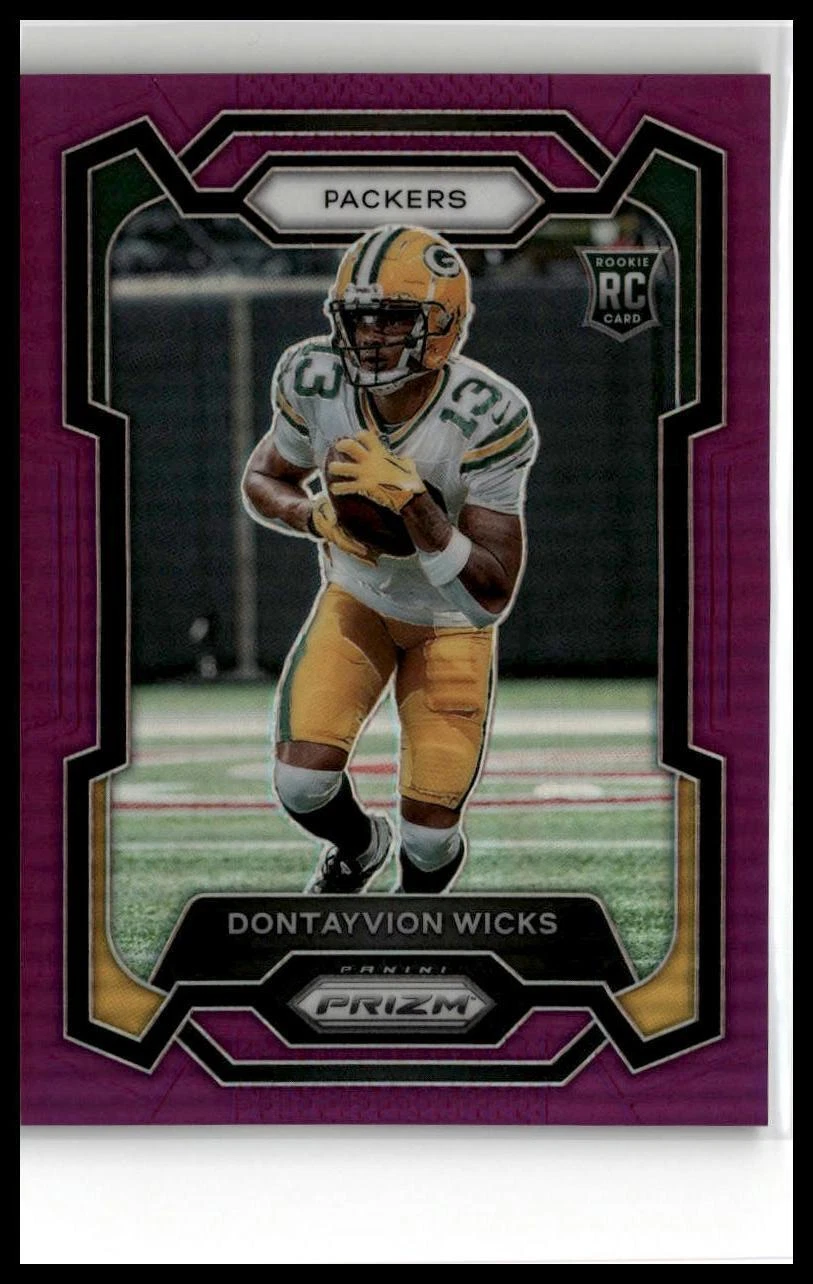 2023 Panini Prizm #333 Dontayvion Wicks Purple #/125 Rookie Green Bay Packers