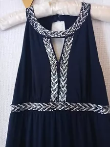 Inc Dress XS Cute Navy Blue Stretch Knit Beaded Neck Boho Hippie Maxi Sundress - Picture 1 of 9