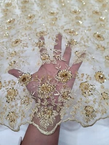 Gold Beaded Lace Fabric Sold By The Yard Embroidered Floral Flowers For Dress - Picture 1 of 15
