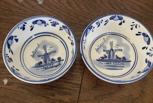 2 Delft Holland (Blue) Sauce Ramekin Hand Painted Windmill & Flowers Vintage - Picture 1 of 8