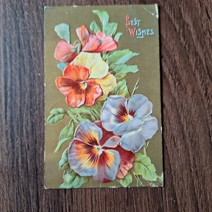 Postcard Embossed Best Wishes 1909 Pansies Flowers Floral Tub15 - Picture 1 of 2