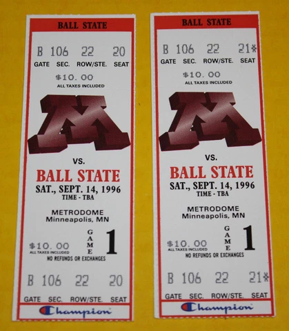 Minnesota Gophers Football Ticket Stub | You Pick 1990 to 1999 Cover