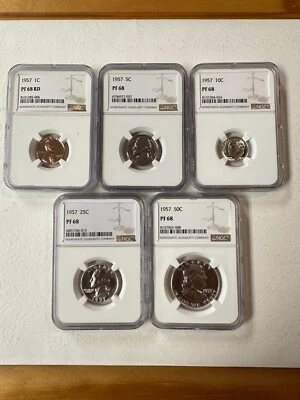 (5) Moedas com classificação NGC 1957 Proof 68 1c, 5c, 10c, 25c, 50c moedas com classificação NCG - Imagem 1 de 4