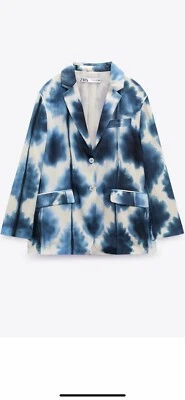 100% Authentic ZARA Blue Satin Printed Blazer $129+Tax Size: L - Image 1 of 4