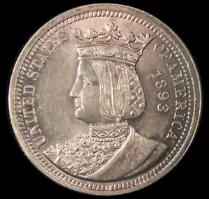 1893 ISABELLA ARGENTO COMMEMORATIVO QUARTO BU UNC VIOLA TONIFICAZIONE MONETA USA - Foto 1 di 2
