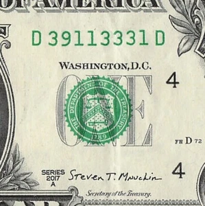Trinary 1s 3s 9s fantasia numero di serie banconota da un dollaro D39113331D - Foto 1 di 11
