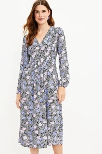 NWT Women's LOFT L/S Floral Ruched Midi Dress Sz 10 - Picture 1 of 12