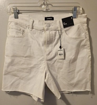 Express Jean Shorts Women's Size 6 White Denim Midi High Rise Cut Off - Image 1 of 4