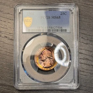 MS65 1964 25C Washington Silver Quarter, PCGS Trueview- Rainbow Toned - Picture 1 of 5