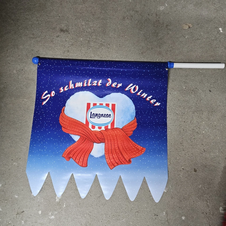 NOS Langnese Fahne Kunststoff  Winter  Eis Rar Vintage Flagge Werbung - Bild 1 von 4