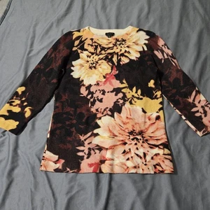 Talbots Women's 100% Cashmere Crewneck Sweater Small 3/4 Sleeves Floral Fall - Picture 1 of 8