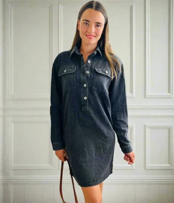 Denim Dress Women's Charcoal Jean Cotton Blend Relaxed Fit Collared Long Sleeve - Image 1 of 4