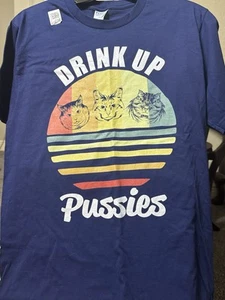 New-Drink Up Pussies Cat Face Printed Mens Short Sleeve Cotton Navy Blue T-shirt - Picture 1 of 8