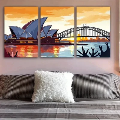 3pcs Sydney Opera House & Harbour Bridge Sunset Wall Art Canvas Framed 50x70cm - Image 1 of 2