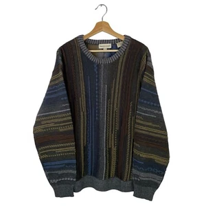 VTG PRONTO UOMO Grandpa Sweater Brown/Multicolor Coogi Style Wool 80s/90s Sz XL - Picture 1 of 9