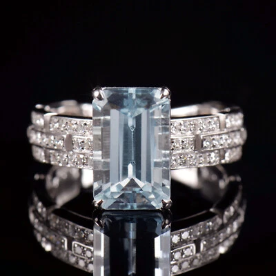 Beauty Chain Aquamarine Natural Diamond Women Promise Ring Solid 14k White Gold - Image 1 of 4