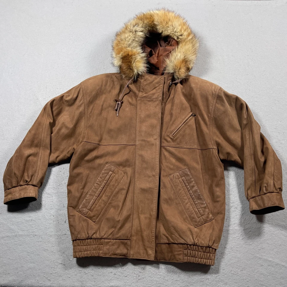 Kent Street Jacket Men M Brown Leather Faux Fur Trim Hood Bomber Korea Vintage - Image 1 of 4