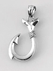 14K Solid White Gold Hawaiian Fish Hook Pendant. Width: 1/2” (12 mm) C1718-20 - Picture 1 of 3