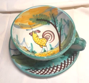 Übergroße italienische handbemalte Keramik Hahn Tasse & Untertasse T.C. für Halle's - Bild 1 von 5