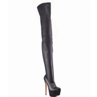 Mujeres Otoño Invierno Sexy Stiletto Sobre la Rodilla Bota Negra Plataforma Cuero Bota Foto 1 de 4