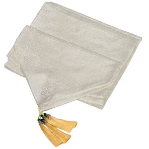 US Seller - 95in White Longevity Motif Chinese Table Runner with Gold Tassels - Picture 1 of 3