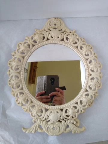 Vintage JM29 Victorian Round Ornate Cast Iron Vanity Standing Mirror TARNISHED Cover
