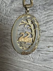 Vintage Chinese 14K Gold Chain White Jade Swan Pendant Asian Jewelry Bin E - Picture 1 of 3