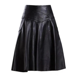 Lady Black Faux Leather Skirt Frill Pleated Midi A-line PU Pockets Party Fashion - Picture 1 of 12