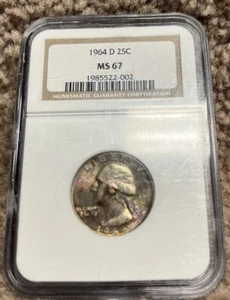 MS67 Rainbow Toned 1964-D Washington Quarter NGC MS67 💎Obverse Rainbow Toning - Picture 1 of 2