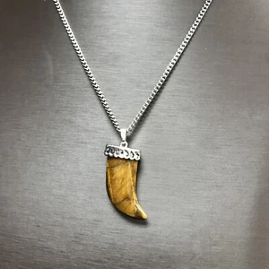 Tigers Eye Horn Shape Brown Pendant With 24” Necklace Stainless - Picture 1 of 17
