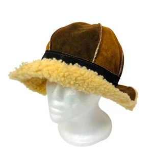 Genuine Suede shearling sheepskin Bucket hat Brown for Women Size S. y2k - Picture 1 of 7