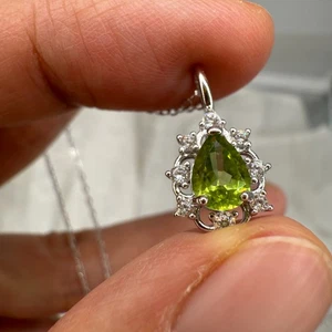 925 Sterling Silver Necklace 7x5mm Natural Peridot Gemstone Zircon Pendant Chain - Picture 1 of 10
