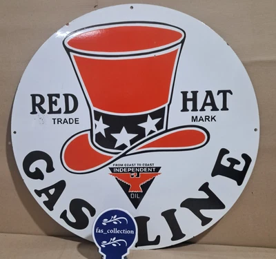 Red Hat Gasoline Porcelain Enamel Sign  30 x 30 Inches 1 Sided - Image 1 of 4