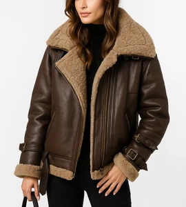 Women’s Shearling Aviator Jacket Genuine Sheepskin Biker Warm Winter Coat - Picture 1 of 6