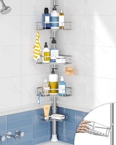 Corner Shower Caddy Tension Pole 4-Tier Rust-Free Shower Organizer Corner Adj... - Picture 1 of 6