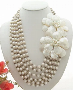 22" White Pearl Crystal Shell Flower Statement Necklace - Picture 1 of 5