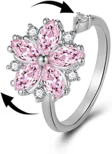 Pink CZ Flower Spinner Fidget Wrap Open Rings for Women Girls - Anxiety Relief a