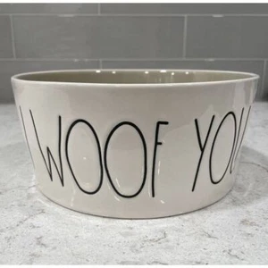 I WOOF YOU 8” XL Rae Dunn Dog Food Water 8 x 3.5” Dish Bowl White Khaki Inside - Picture 1 of 4
