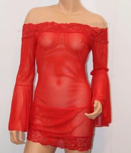 New Sexy Lingerie Red Off Shoulder Mesh Flare Sleeve Mini Dress M / L - Picture 1 of 2