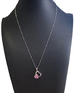 Pink Sapphire & Diamond Heart Pendant Necklace  - 925 Silver - Picture 1 of 2