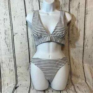 Cupshe 2-Piece Halter V-neck Black White Striped tie side Swimsuit Large - Picture 1 of 14